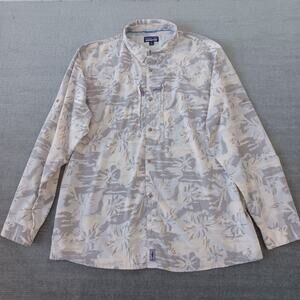 Patagonia Sun Stretch Shirt Mens 2XL Beige Button Up Cliffs and Waves Hawaiian